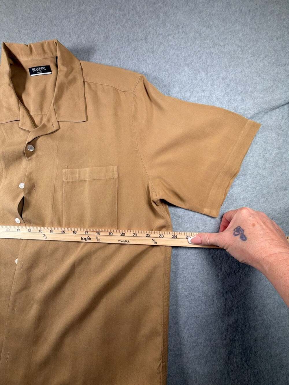 Brandini Pure Silk Tan Short Sleeve Cuban Collar Resort Shirt - Picture 5 of 10